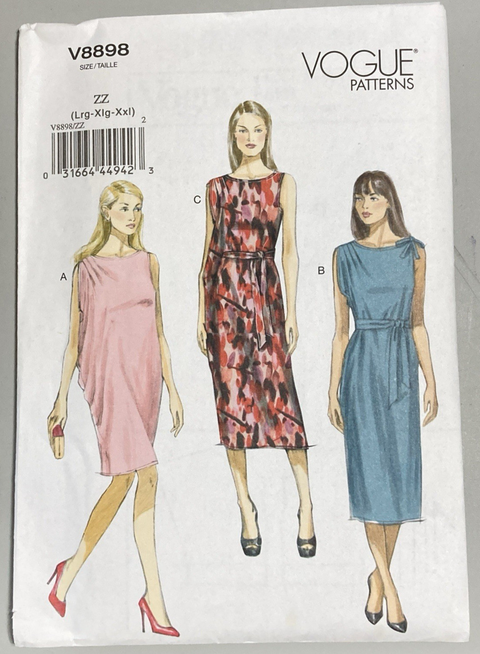 Vogue 8898 Pattern Misses Pullover Dress Loose Fit, Belt Sz L-XXL 16-26 UNCUT